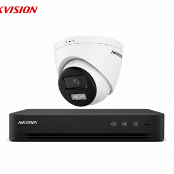 Hikvision 8MP 4K Smart Hybrid Light CCTV Kit with DS-2CE78U0T-LTS turret camera and AcuSense DVR supporting two-way audio, remote viewing and optional surveillance storage.