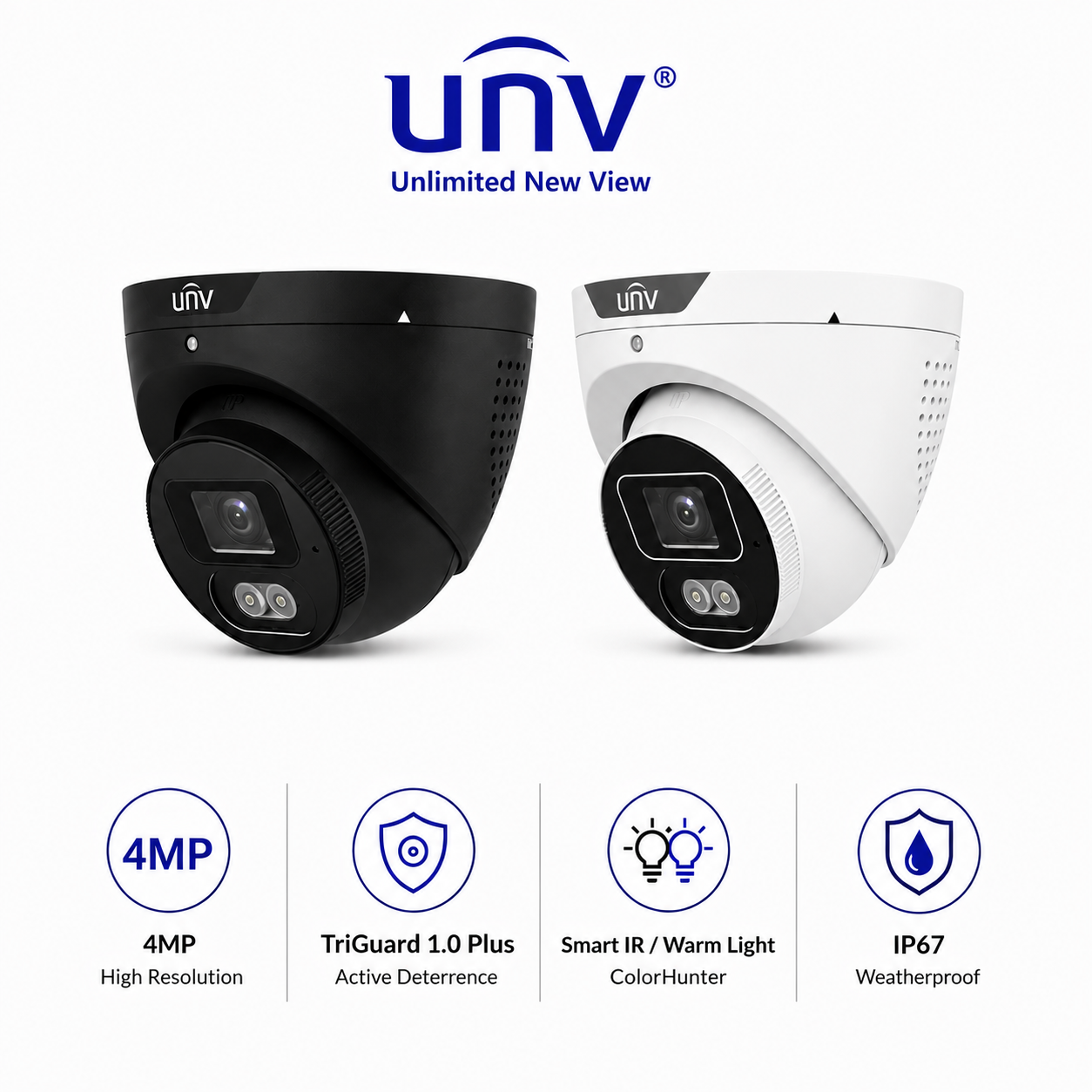 Uniview UV-IPC3614SB-ADF28KMC-I1-B 4MP TriGuard 1.0 Plus Turret Black/White | DualLight IP Camera with Two-Way Talk & Active Deterrence