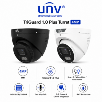 Uniview UV-IPC3614SB-ADF28KMC-I1-B 4MP TriGuard 1.0 Plus Turret Black/White | DualLight IP Camera with Two-Way Talk & Active Deterrence