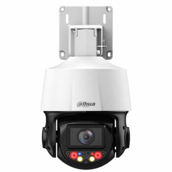 White Dahua SD3E410DB-GNY-A-PV1 4MP 10x TiOC PTZ camera with wall mounting bracket, front view