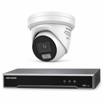 Hikvision DS-2CD33C7G3-LISUY/SL CCTV kit with one white 12MP turret camera and an 8-channel M2 PoE recorder.