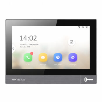 Hikvision DS-KH8381-WTE1 7-inch indoor intercom monitor with metal housing and touchscreen, front view